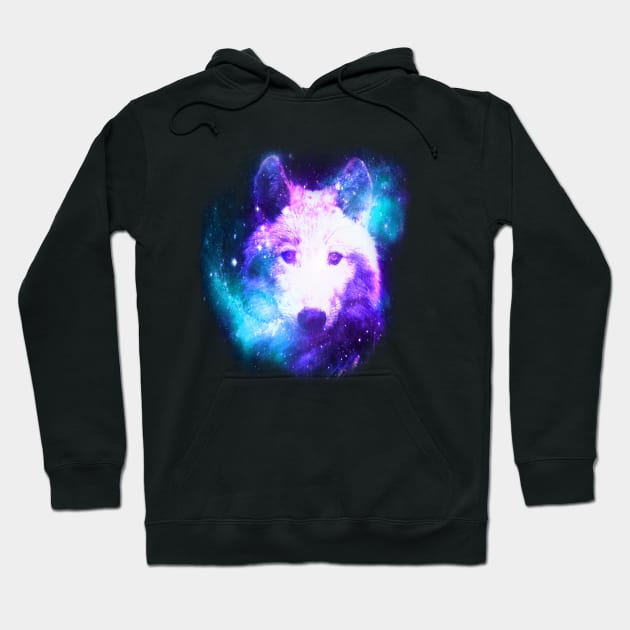 Dramabite Wolf Galaxy Surreal Wild Lone Wolves Double Exposure Stars Hoodie by dramabite